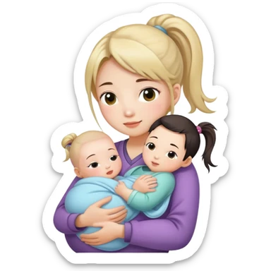 Ponytail chinese girl hugs a newborn baby and a girl sticker