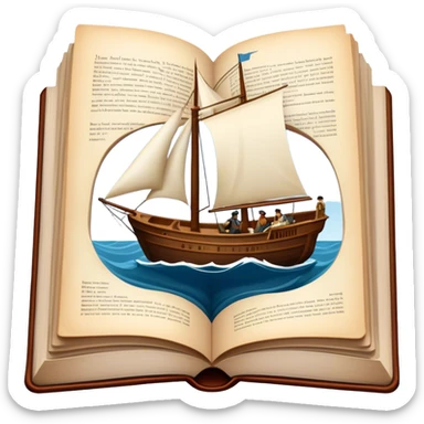 Icon for Reading Fiction: a large open book with pages turning, a sailboat sailing across the pages, Musketeers on horseback, Sherlock Holmes and other literary elements. The icon should evoke the adventurous spirit of storytelling. Transparent background. sticker