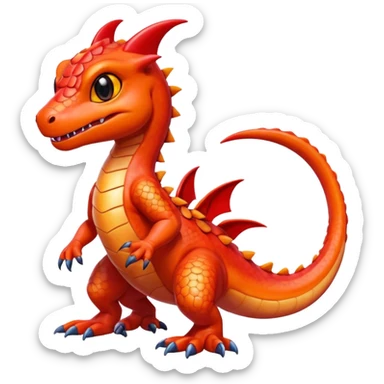 cute shiny colorful Guilmon-Salandit hybrid creature with big eyes and a happy expression, full body sticker