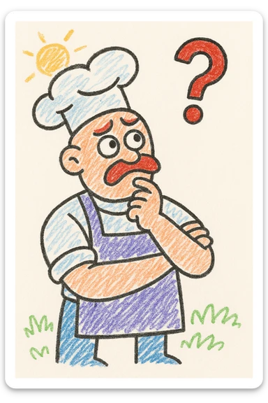 Convert to a children's doodle style emoji, thinking chef with a question mark above the head, cuter and simpler style. sticker
