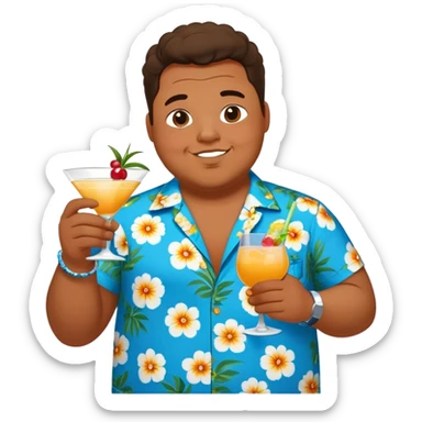 chubby guy full figure in a flowered azure havai shirt holding a cocktail sticker