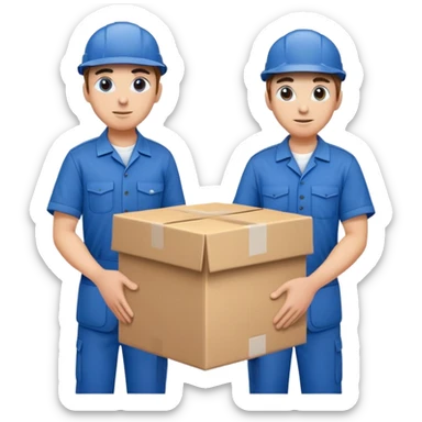 two workers in blue work uniforms and caps carrying a large box, alternate expression sticker