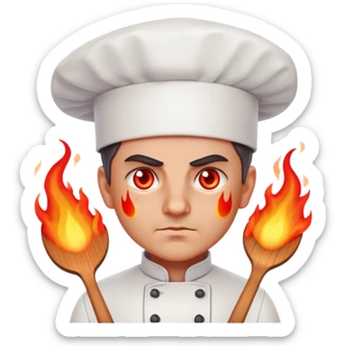 focused chef with glowing red eyes, flames bursting sticker