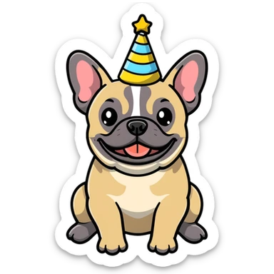 Brindle French Bulldog holding a happy birthday sign sticker