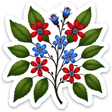 dull green leaves & red & blue flowers filigree design, small fruits, ebony branches, extremely detailed, complex design sticker