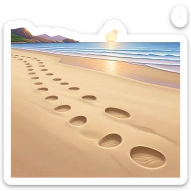 A quiet beach at sunset. **Baby footsteps trail behind larger ones**, slowly fading into the sand. As the tide nears, the **small steps merge with the adult’s**, past and present walking together toward the horizon. sticker