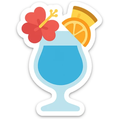 vibrant tropical fruity blue cocktail with hibiscus, pineapple and orange garnishes sticker