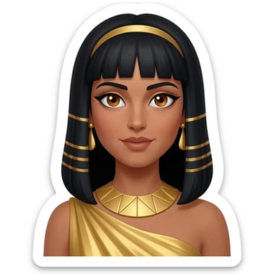 Cleopatra with hazel brown eyes, long black hair, gold metallic peplos, gold neck bracelet and earrings sticker