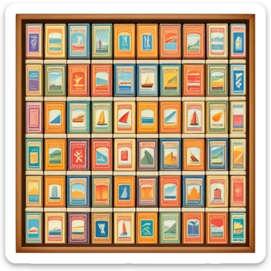 Icon for Matchbox Collecting: a collection of vintage and colorful matchboxes from different places, neatly displayed in a row or in a display case. The icon should reflect the uniqueness and diversity of matchbox collecting. Transparent background. sticker