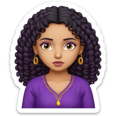 a tan pretty bratz indian girl with curly black hair, looking sad. purple kurti sticker