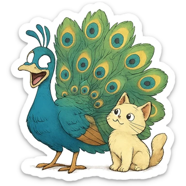 silly peacock with a cat in ghibli style sticker