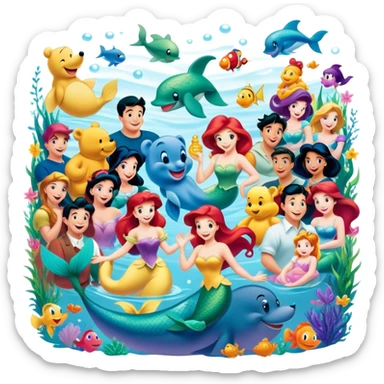 Icon for Animated Characters: A colorful, large-scale collage of beloved cartoon characters, including Franco, Mickey Mouse, Winnie-the-Pooh, Ariel the Little Mermaid, Jasmine and others. Bright and vibrant, full of whimsical charm. Transparent background. sticker