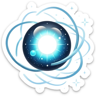 Floating glowing orb with soft radiant rings, surrounded by tiny star-like sparks marking shifting checkpoints in space sticker
