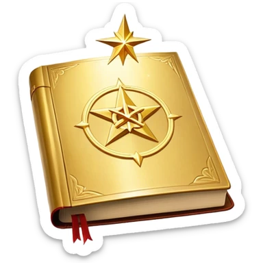 A shimmering gold book with a radiant glow, floating slightly as if under a spotlight. Its cover features a bold, star-like sigil ✨, symbolizing influence and magnetism. Light halo effects or sparkles surround it, giving off an aura of effortless charm and star power. sticker