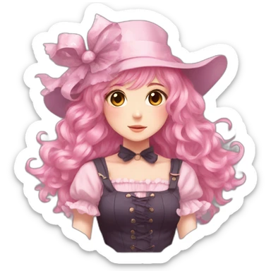 Faded pink hair 	•	Youthful facial features 	•	Magical girl-style hat 	•	Dress with lots of frills sticker