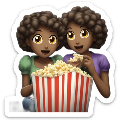 three anime girls watching movie at the cinema eating popcorn, dark background sticker