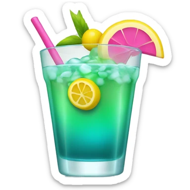 Bluish green cocktail with pink and yellow sticker