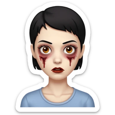 Uma mulher zombi com cabelos curtos e pretos e sobrancelha fina e reta  sticker