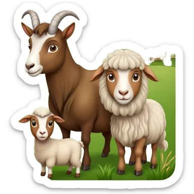 Icon for Domestic Hooved Animals: A gentle collage featuring a brown goat with large, curious eyes, a calm sheep with soft wool and a horse with a flowing mane. Background with a green pasture and a few hay bales. Transparent background. sticker
