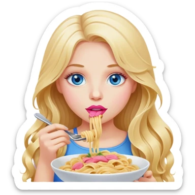 Cinematic realistic blonde with long hair, blue eyes and pink lips eats pasta sticker