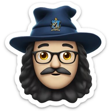 componist, man with white skin,hair is straight and black, a black mustache, glasses, with a magic hat, ravenclaw sticker