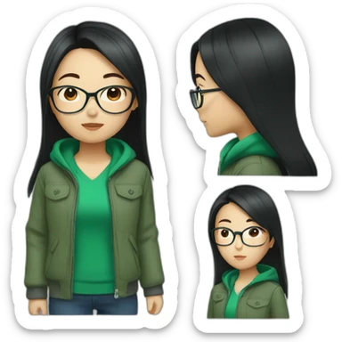 Asian girl with long black hair and glasses wearing green jacket sticker