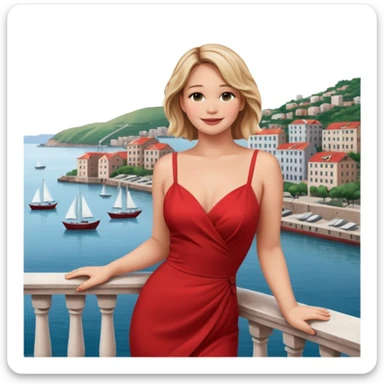 jennifer lawrence, closeup portrait , leaning on a balcony with a harbor and cityscape in the background, smiling, red dress  sticker