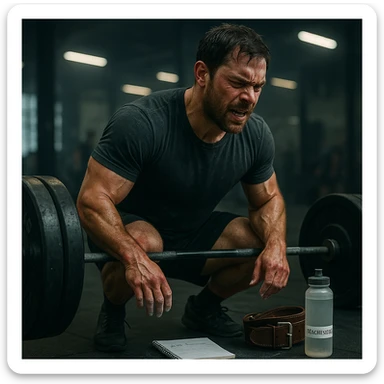 Inspired by the style and colors of the provided image, depict an athletic 30-year-old man doing a heavy deadlift, evident sweat, hands with chalk, diary nearby, dark circles and redness on joints. On the floor: water bottle, magnesium, belt. Background: blurred gym with cold lighting. Cinematic realism. sticker