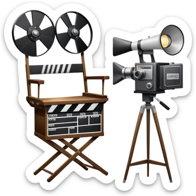 Icon for Directing: a director's chair, a film clapperboard, large movie camera, vintage megaphone and a stage with a spotlight. The icon should represent the creative and organizational aspects of directing, with focus on storytelling, staging, and performance. Transparent background. sticker