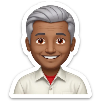 50 yr old indian man, dark skin, grey hair, big smile, white teeth, chubby, no moustache, clean shaven, young style hair, hair brushed back, 5 oclock shadow, bindy, dress shirt, forehead dot, chubby, religious, red dot, fancy hair sticker