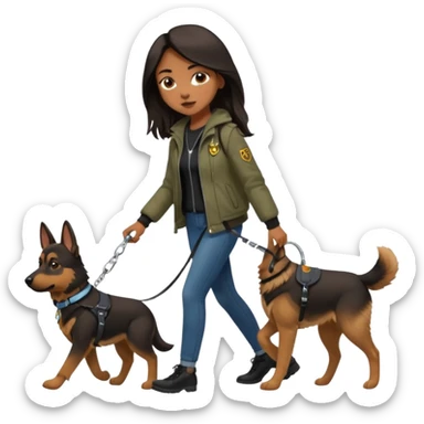 a girl with a brown dark long hair, she's walking her dog is a german shepard sticker