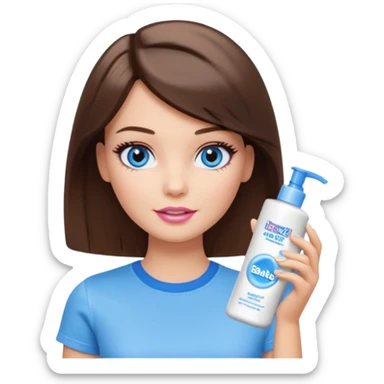 Barbie girl with makeup, blue eyes , and bob long haircut, short brown hair in white T-shirt, face Wash Cream sticker