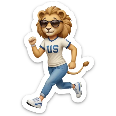 confident anthropomorphised female lion wearing a baseball shirt, jeans, trainers, dark sunglasses, jogging with a smile sticker