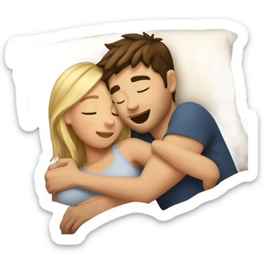 Blonde girl and brunette guy cuddling in bed sticker