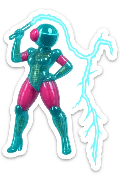 Render this robot in a sleek, glossy circuit style with no grainy or aged texture. Keep her form, pose, colors, and lightning whip exactly the same. No border, transparent background. sticker