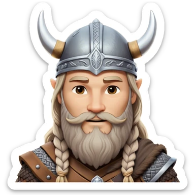 Clash of Clans aesthetic: Beautiful and Majestic Viking Portrait Emoji, Rendered in serene confidence with a gentle, enigmatic smile and a refined, weathered Viking helmet, showcasing a noble, sturdy build with long braided hair and a dignified beard, his face in natural skin tone, Simplified yet exquisitely endearing features, highly detailed, glowing with a soft, majestic Nordic light, high shine, calm and heroic, stylized with an air of timeless Norse elegance, soft glowing outline, capturing the essence of a majestic Viking whose noble spirit inspires epic quests! sticker