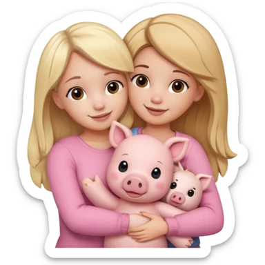 Girlfriends, one blonde and one brunette, hugging each other with a teddy bear and a little pig sticker