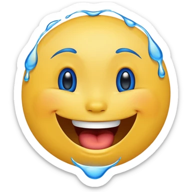 Emoji, yellow round laughing face, blue tears of joy on it  sticker