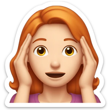 woman redhead who is covering her ears with hand sticker