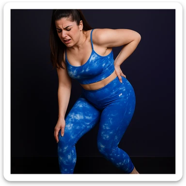 Slim woman in 4K, walking with a limp, hand supporting left hip, expression of acute pain radiating to the back, inspired by the reference photo. sticker