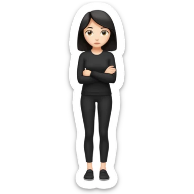 Cartoon emoji of a woman with long, loose dark hair, wearing simple black clothes. Full-height, standing nervously with hunched shoulders, head slightly down, arms close or crossed, legs together, eyes looking away. Smooth, simple, stylized. sticker