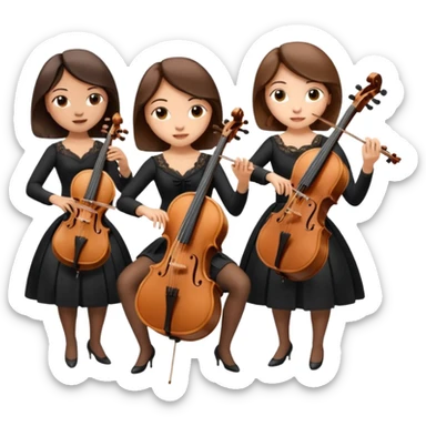 Create an imagine of three brunette women playing string instruments, the first is playing a cello, the second is playing a viola and the third is playing the violin sticker