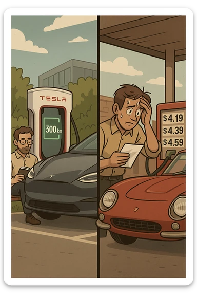 "Tesla Model S at charging station with owner reading book peacefully, battery indicator showing sufficient charge for 300km journey, versus vintage Italian sports car at gas station with owner anxiously calculating fuel costs, pump prices visible showing expensive gasoline, stress lines on traditional car owner's face, modern vs classic automotive philosophy clash" sticker