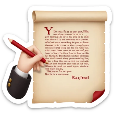 Minimalist emoji-style sticker of a pale hand signing a parchment contract titled “YOUR SOUL” in gothic font, muted red ink, grayscale background sticker