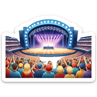 An icon showing a stadium stage with a concert in full swing, bright stage lights illuminating the performers, and fireworks bursting in the sky. The excitement of the crowd is palpable, symbolizing a love for live music and unforgettable shows. transparent background. sticker