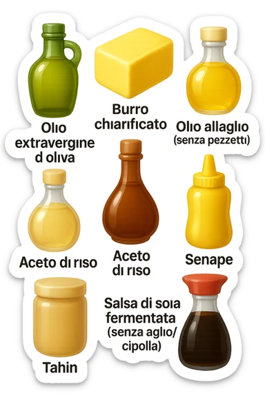 emoji stile iphone 3d di questi elementi che fluttuano in aria sparsi casualmente:

Olio extravergine d’oliva, burro chiarificato
Olio all’aglio (senza pezzetti)
Aceto di vino, aceto di riso, senape, tahin
Salsa di soia fermentata (senza aglio/cipolla)


 che fluttuano sparse casualmente in aria, le etichette dei prodotti scrivile in italiano, iperealistico 4k sticker