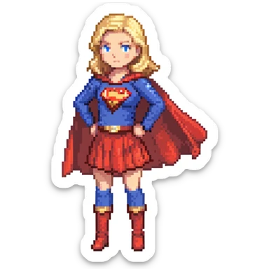 Supergirl superhero full body, blue suit with red skirt, red cape, blonde hair, and S emblem on chest sticker