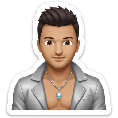 Peter Andre with dark brown hair, shirtless with necklace, silver jacket sticker