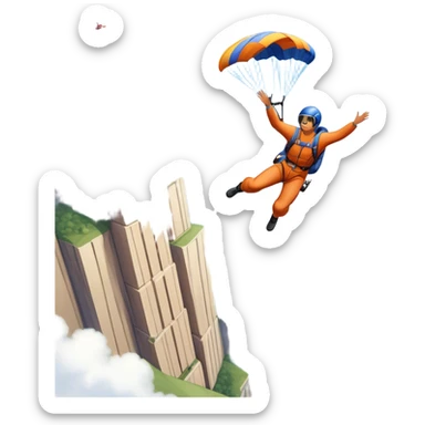A base jumper soaring through the sky, with a parachute deployed, gliding over a dramatic cliffside or tall building. The background showcases a vast landscape below, with clouds and open skies, emphasizing the adrenaline and freedom of the sport sticker