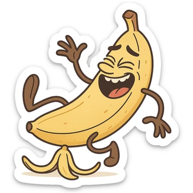 a laughing banana slipping on a peel, cartoon style sticker
